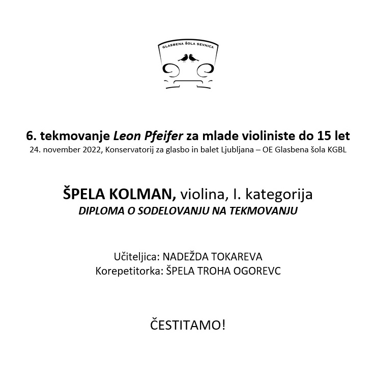 6. TEKMOVANJE LEON PFEIFER ZA MLADE VIOLINISTE DO 15 LET – violina